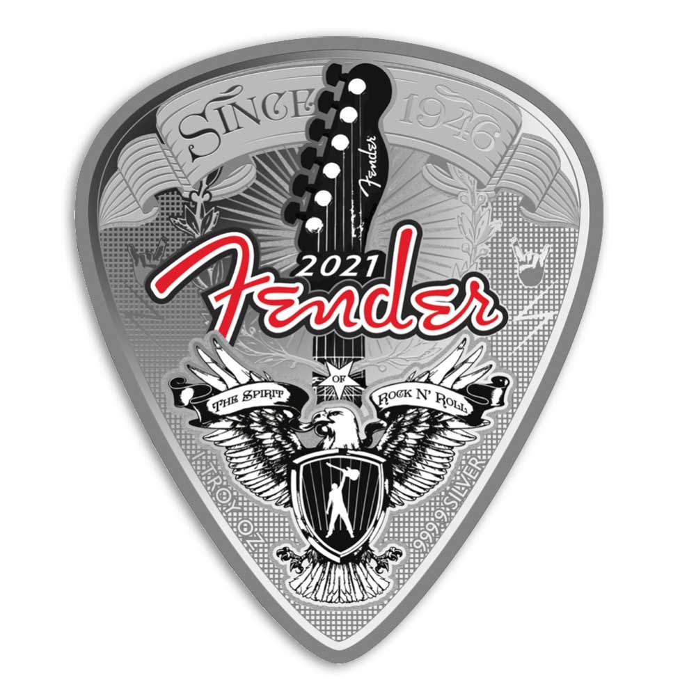 FENDER 75th ANNIVERSARY GUITAR PICK - 2021 one ounce silver proof coin