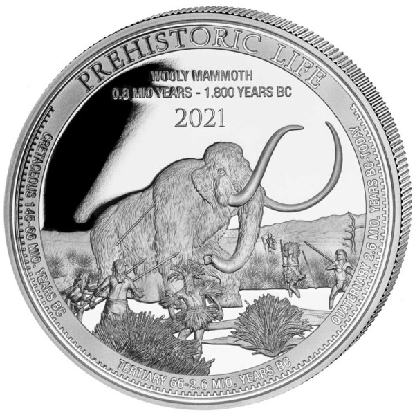 PREHISTORIC LIFE: WOOLY MAMMOTH 2021 Congo 1oz .999 BU silver coin