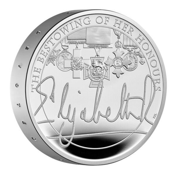 The Queen's Reign Honours and Investitures 2022 UK £5 Silver Proof Piedfort Coin