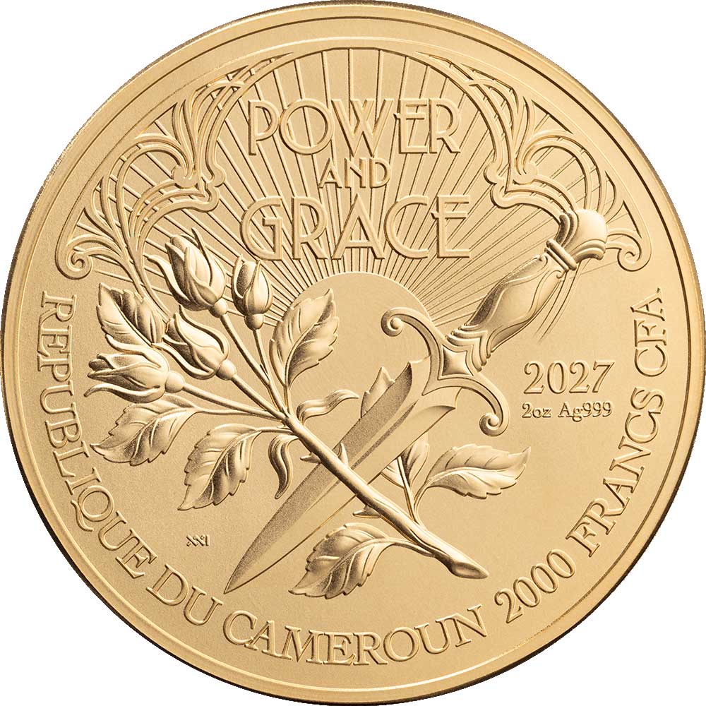 THE AEGIS - POWER & GRACE: 2027 Cameroon 2000 Franc 62.2g antique silver coin - Image 2